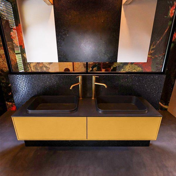 Mondiaz ERIN 150cm badmeubelset onderkast Ocher met 2 lades + Wastafel RIDGE dubbel 2 kraangaten Urban