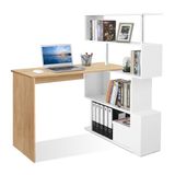 Meerveil Computertafel, L-vormig, hoekbureau, met 360 graden draaibare boekenkast voor werkkamer, woonkamer, kantoor, 157 x 45 x 130,5 cm, eiken (tafelblad) en wit (rek)