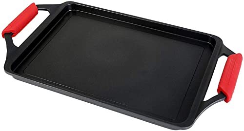 WECOOK Ecostone grillplaat, 43 x 25 cm, gegoten aluminium, anti-aanbaklaag, milieuvriendelijk, zonder PFOA, 5 mm dik, siliconen handgrepen, glaskeramiek, gas, oven