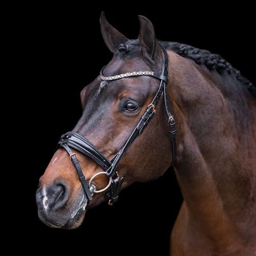 Imperial Riding IRH Olympia Trense zonder teugels, anatomische nekstuk, kalfsleer, voorhoofd- en neusriem met strass, hoogwaardig buffelleer, roestvrijstalen beslag, zwart-rosé-goud, pony