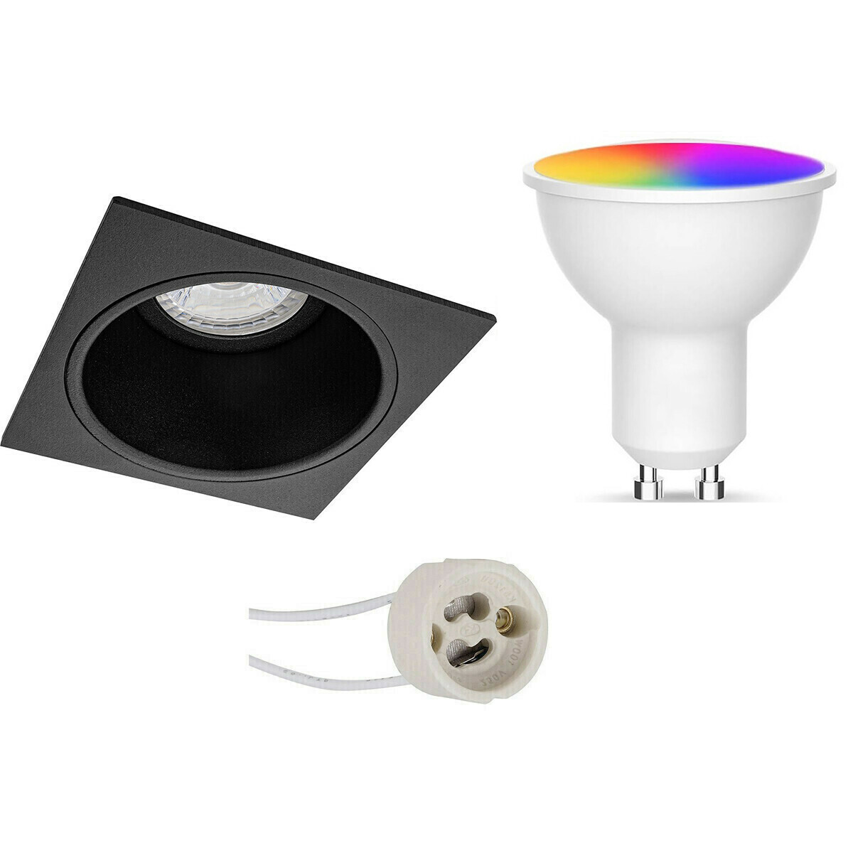 BES LED Voordeelset LED Spot Set GU10 - Facto - Smart LED - Wifi LED - Slimme LED - 5W - RGB+CCT - Aanpasbare Kleur - Dimbaar - Afstandsbediening - Pragmi Minko Pro - Inbouw Vierkant - Mat Zwart - Verdiept - 90mm