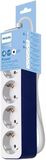 Philips CHP2145U Stekkerdoos met 4 stopcontacten, vergrendeling, 1500 W, gevlochten netsnoer, 1,5 m, hoge weerstand, veiligheidssluiting (led-display), wit/blauw