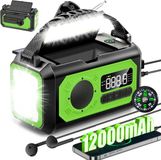 Merkloos Noodradio - Draagbare noodradio - 12000mAh 2 zonnepanelen, Zonnesolar/handkraan, AM/FM, telefoonlader, LED zaklamp, SOS-alarm, Geschikt voor kamperen, buiten, nood (Groen)