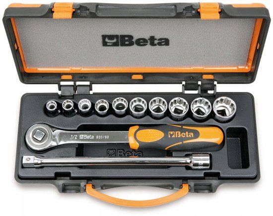 Beta 12-delige DOPPENSET 1/2" met toebehoren in metalen koffer