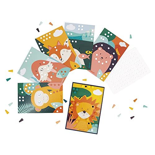 Janod - Mijn eerste mozaïek van hout – speelgoed voor kinderen – 7 geperforeerde kaarten en 70 houten speelstenen – leren van kleuren en motoriek – waterschilderen – vanaf 3 jaar J08278