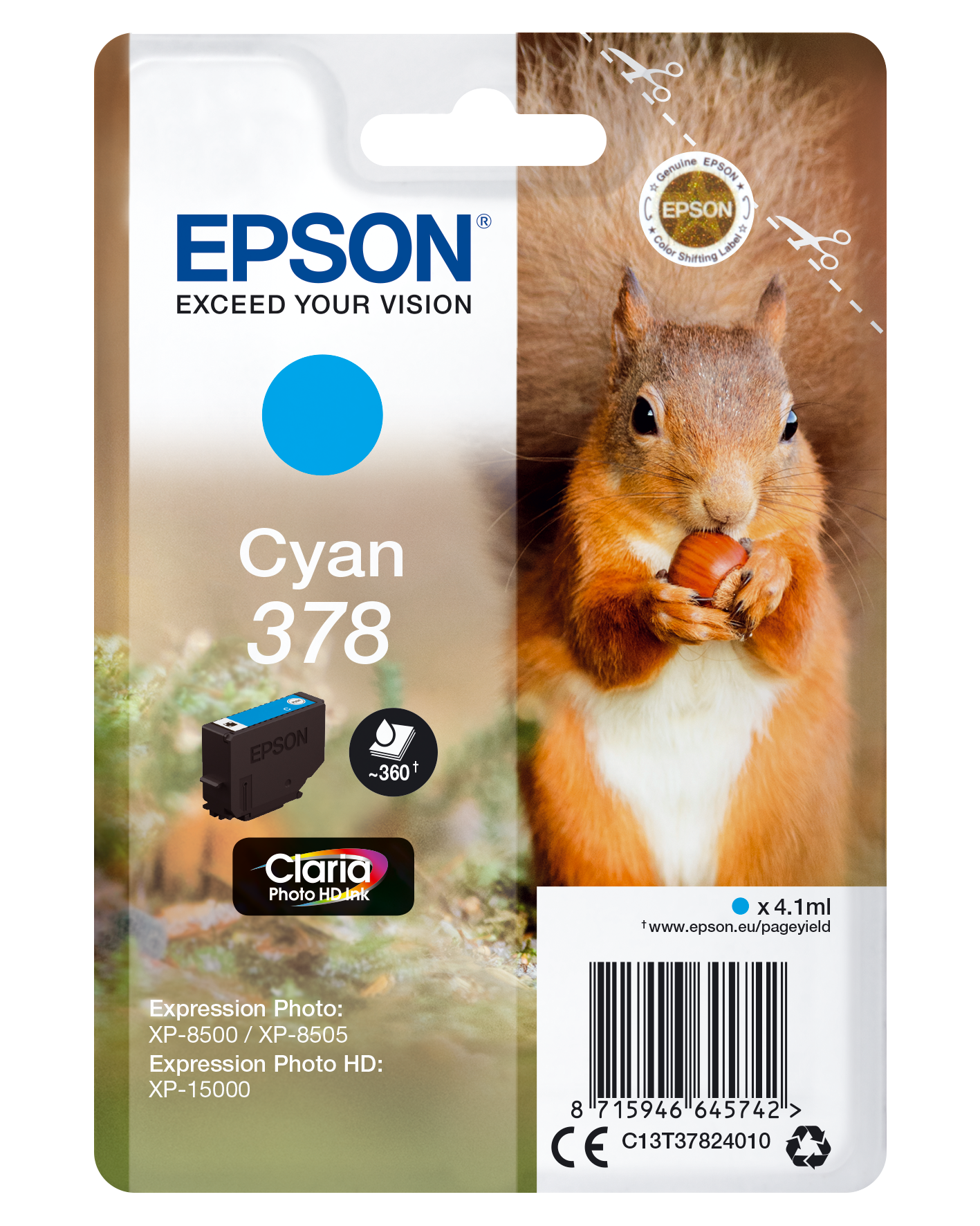Epson Squirrel Singlepack Cyan 378 Claria Photo HD Ink single pack / cyaan