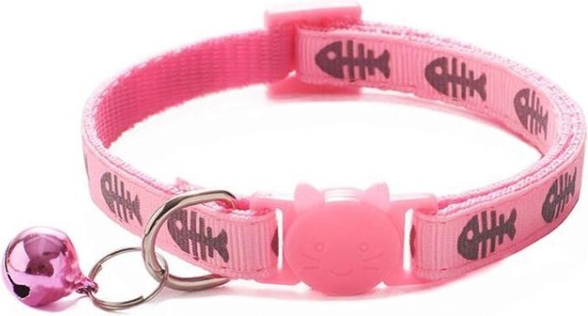 DecoDuoBelle - kattenhalsband Snoppe - kattenbandje met bel - halsband kat of hond - belletje - reflecterend - veiligheidssluiting - visgraat - roze roze