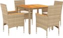 vidaXL Ensemble de jardin 5 pièces avec coussins, polyrotin, acacia, beige