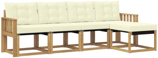 vidaXL - Bank loungeset - 5 zitplekken - Wit en crème - Acacia hout