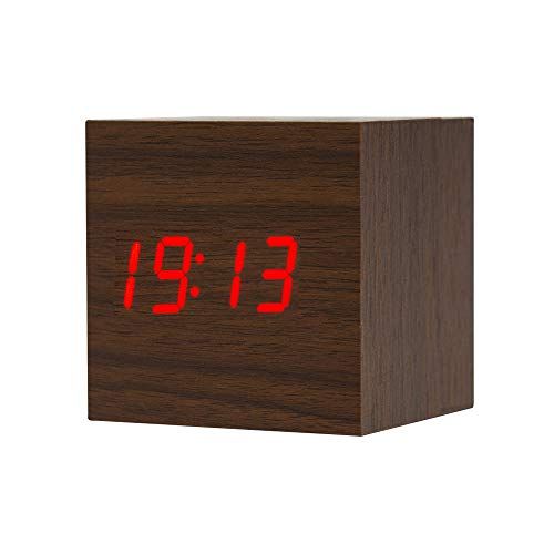 ThreeH Digitale Wekker Hout LED-licht Mini Cube Desk Wekker - Brown_Red