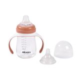 BEABA 2-in-1 druppelbescherming om te leren, beker met rietje voor kinderen, 100% lekvrij, gemakkelijk te openen, afneembare handgrepen, Tritol en siliconen, 210 ml, terracotta