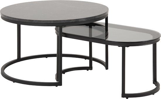 Salontafel Set Rowan - Marmerlook - Zwart - Rond - Set van 2