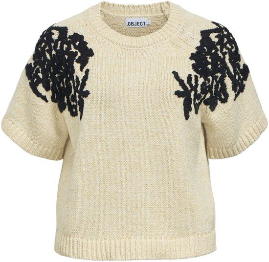 Object Trui Objkille S/s Re Knit Pullover 146 23049815 Macadamia/black Embr Dames Maat - S