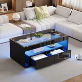 Table basse sans marque - Verre trempé - LED 16 couleurs - 2 grands tiroirs - Double couche