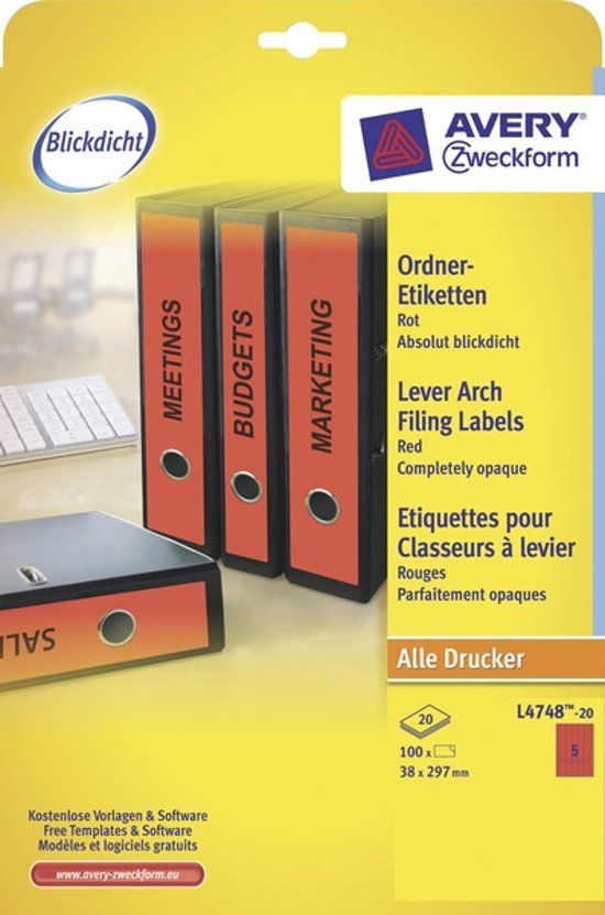 Avery Border Binder Labels Red 38 x 297mm 20