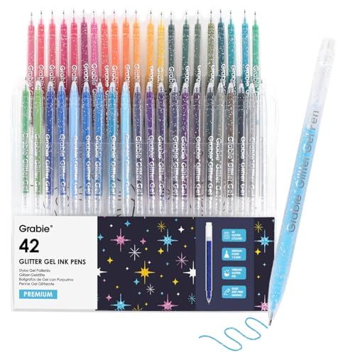 Grabie Glitter Gelpennen, 42 Unieke Kleuren met Zilveren Sparkle, Luxe Pennenset voor Volwassenen, Ideaal voor Tekenen & Journaling, Set van 42 Art Pennen