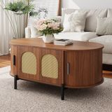 OKWISH Table basse – Forme ovale avec portes coulissantes et rotin – Rangement pour salon – MDF Noyer – 100×50×40 cm
