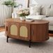 OKWISH Table basse – Forme ovale avec portes coulissantes et rotin – Rangement pour salon – MDF Noyer – 100×50×40 cm