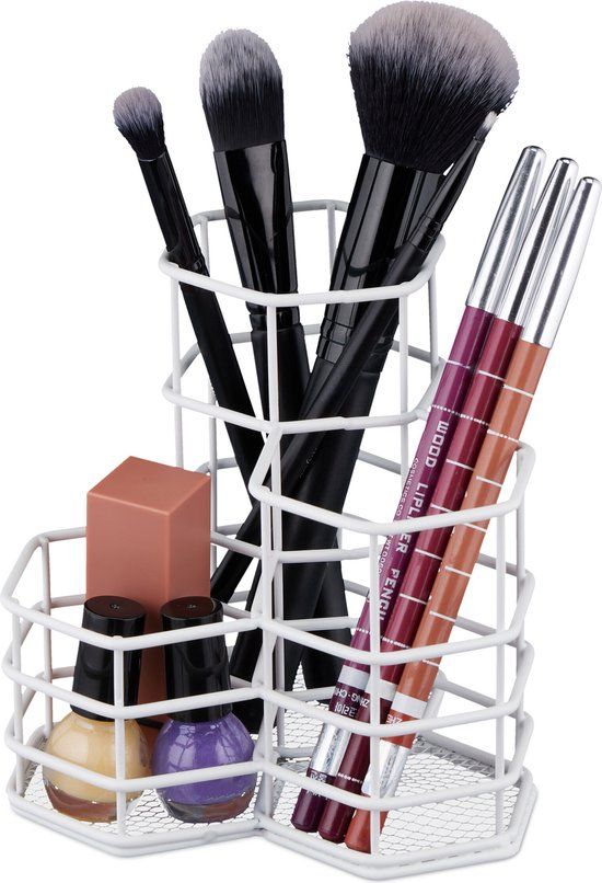 Relaxdays make-up kwastenhouder, 3 vakken, zeshoekig, 12,5 x 12 x 12,5 cm, metaal, wit