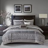 Madison Park Luxe dekbedset: traditioneel jacquard ontwerp, beddengoed voor alle seizoenen, bijpassende bedrok, decoratieve kussens, Cal King (264 x 233 cm), Rhapsody, gestreept grijs/taupe 7-delig