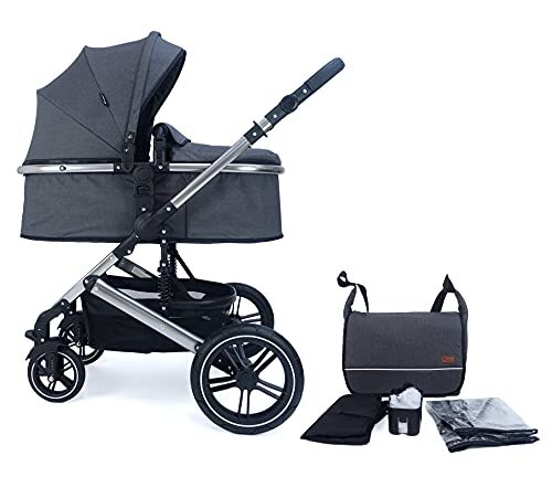 PIXINI Neyla combi kinderwagen met stoffen kuip, buggy, luiertas, drankhouder, regenzeil, muggennet, aankleedkussen (chroom/antraciet)