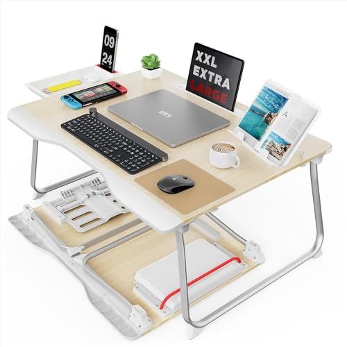 Tafel, SAIJI Tafel, laptoplade groot bureaublad, met boekenstandaard, lade, telefoonstandaard, komfortable handsteun, opvouwbare laptoplade, om te leren, woken, eten, bank, bed, 40 kg laadbaar (teak, 65 x