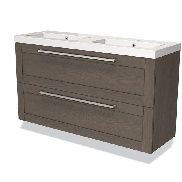 Maxaro Badkamermeubel 120cm Modulo Slim Donkerbruin Eiken 2 Lades Kader Wastafel Mineraalmarmer