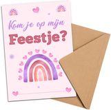 Kleurmedia Uitnodiging Kinderfeestje Roze Regenboog + Enveloppen - 10 stuks