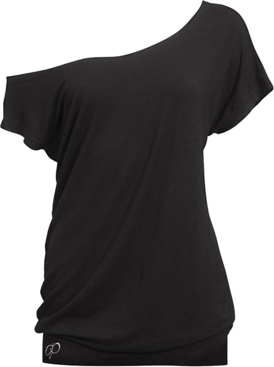 Papillon T-shirt Off Shoulder Dames Sportshirt Loose Fit Zumba Kleding Zwart Dansshirt Maat M