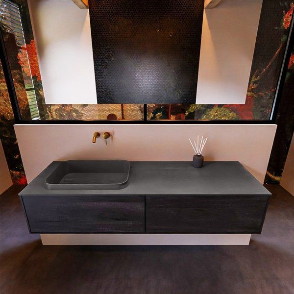 Mondiaz ERIN 150cm badmeubelset Dark brown met 2 lades - Wastafel RIDGE links Dark grey