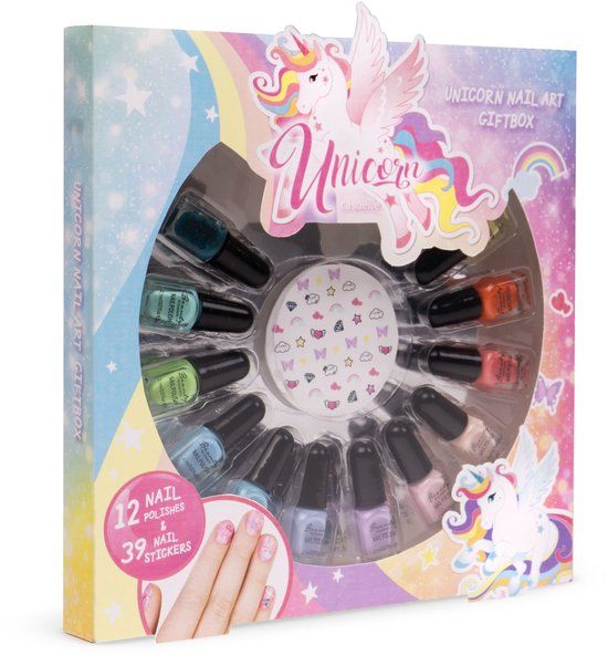 Casuelle `Unicorn` geschenkset met 12 x 2 ml. waterbasis nagellakken en nagelstickers