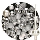 Decoris Kaemingk B.V. Kerstversiering kunststof kerstballen met glazen piek zilver 6-8-10 cm pakket van 39x stuks