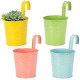 Cozary Set van 4 hangende bloempotten van metaal, met afvoergat en afneembare haak, decoratieve wandemmer, voor huisdecoratie, tuin, hek, balkon