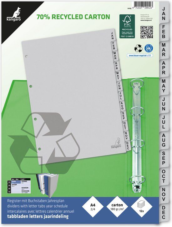 Kangaro Tabbladen - A4 - 12-delig - ECO Karton - 4-gaats - K412J