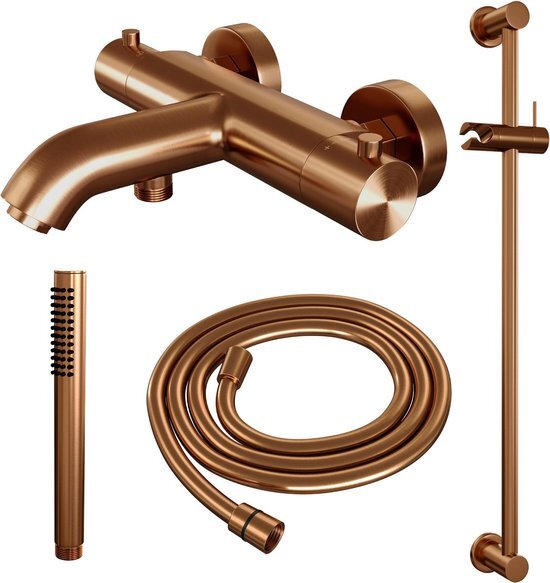 Brauer Copper Edition thermostatische opbouw badkraan met glijstang 1 stand staafhanddouche en 150cm doucheslang Koper geborsteld PVD 5-GK-041-1