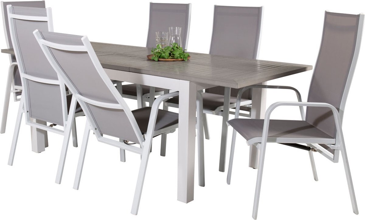 Hioshop Albany tuinmeubelset tafel 90x160/240cm en 6 stoel Copacabana wit, grijs.