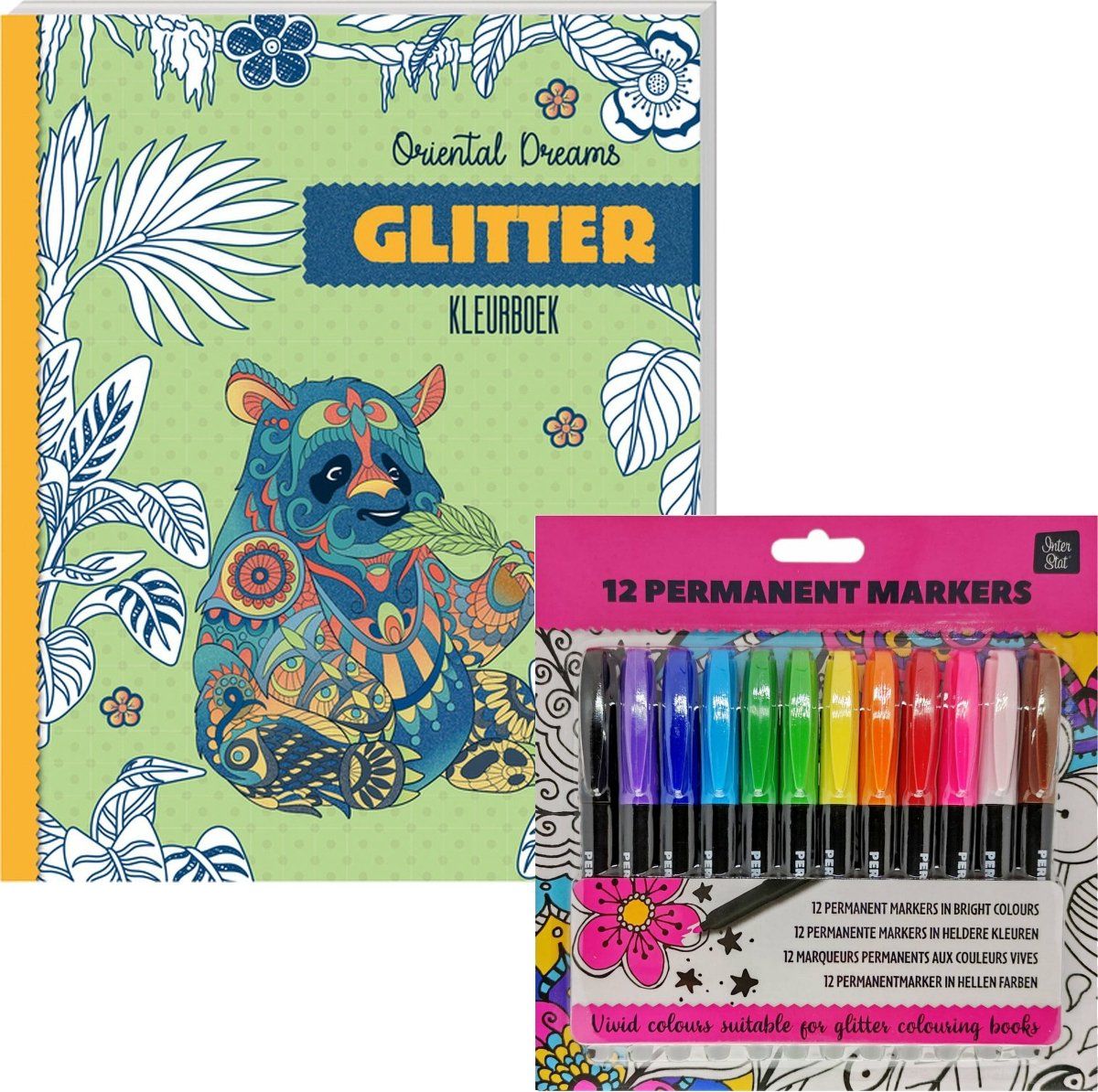 Interstat Glitter kleurboek Voor Volwassenen - Oriental Dreams - Inclusief 12 Kleurstiften In Heldere Kleuren - Zwart