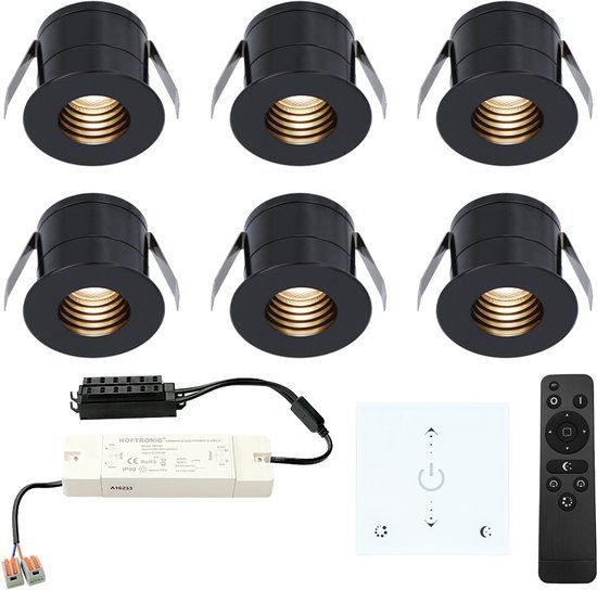HOFTRONIC Set van 6 Betty LED Mini Inbouwspots met Trafo en Muurdimmer - Zwart