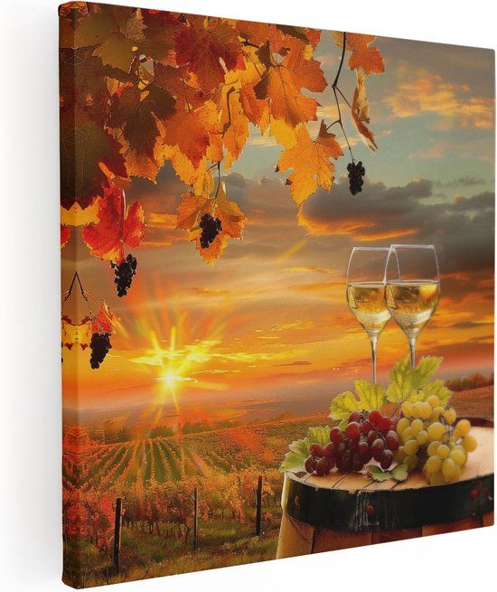 Artaza Canvas Schilderij Twee Glazen Wijn en Druiven op een Vat bij Zonsondergang - 40x40 - Foto Op Canvas