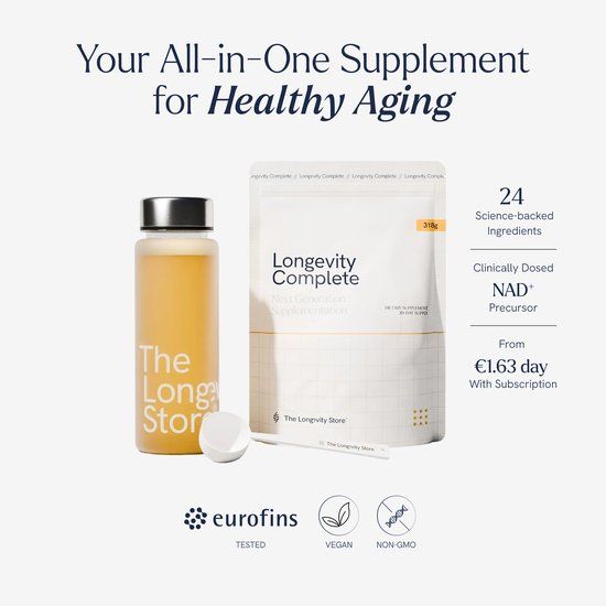 A Longevity Complete™ NAD+ booster 24-in-1 Supplement met NR, Lion's Mane en Hyaluronzuur, Creatine en nog 20 andere hoogwaardige ingredienten met Premium NL Kwaliteit