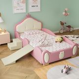Ropilly Kindbed met zachte bekleding, 90x200 cm, met kroonmotief in roze en beige, LED-lichtstrip met verschillende standen, glijbaan en trap, bekleding van Polyurethanmateriaal