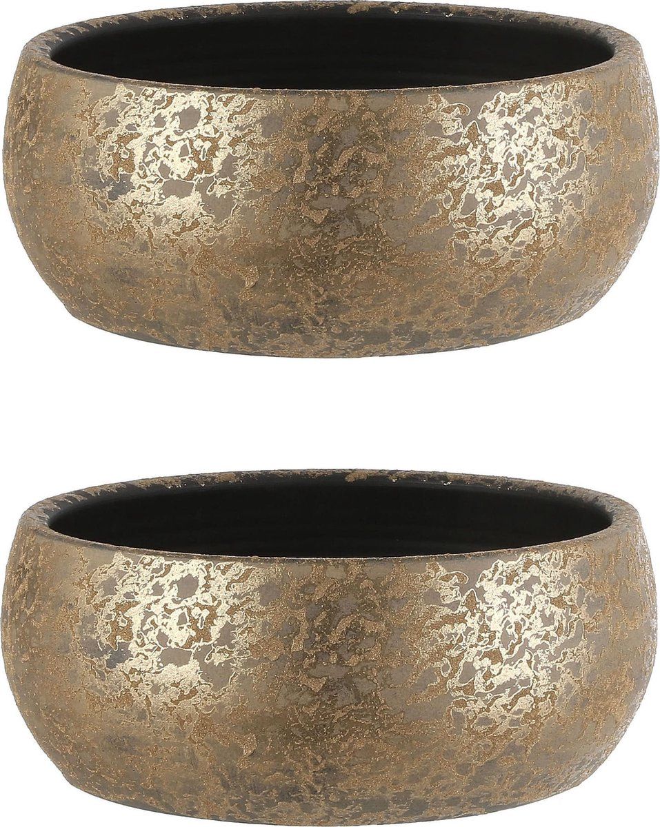Mica Decorations 2x stuks bloempot schaal keramiek goud 15 x 37 cm - plantenpotten