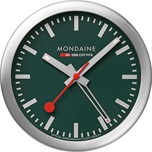 Mondaine Mini wandklok en wekker met behuizing van aluminium in zilver, kleur wijzerplaat: bosgroen, diameter: 12,5 cm, A997MCAL66SBV