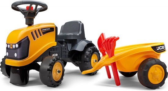 Falk JCB 215C Bouwplaatswagen met aanhanger, vanaf 12 maanden, geproduceerd in Frankrijk, inclusief schop en hark, 2 stijlen voor personalisatie, nummerplaat personaliseerbaar, 215C