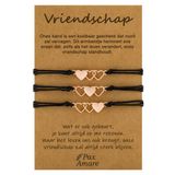Pax Amare Vriendschapsarmbandjes voor 3 "Vriendschap" - Hartjes - BFF Armbandjes met Cadeau Kaartje - Rosé Goud & Zwart - Elastisch Verstelbaar