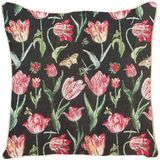 Ulticool Kussenhoes Tulpen Zwart Vlinder Bloemen - Jacquard Gobelin - Sierkussen 45x45 cm