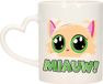 Bellatio decorations Cadeau koffie/thee mok - poes/kat - Miauw - creme - hartjes oor - keramiek - poesje