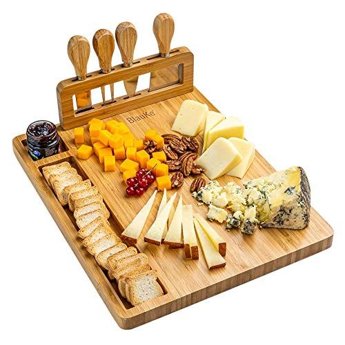 BlauKe Bamboe Kaasplank met Kaasmessen Set - Bamboo Cheese Board - Kaasplaat van Hout met 4 Messen voor 2-3 Personen - Beste Cadeau voor Kerstmis, Bruiloft of Jubileum -