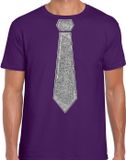 Bellatio Decorations Verkleed shirt heren - stropdas glitter zilver - paars - carnaval - foute party M