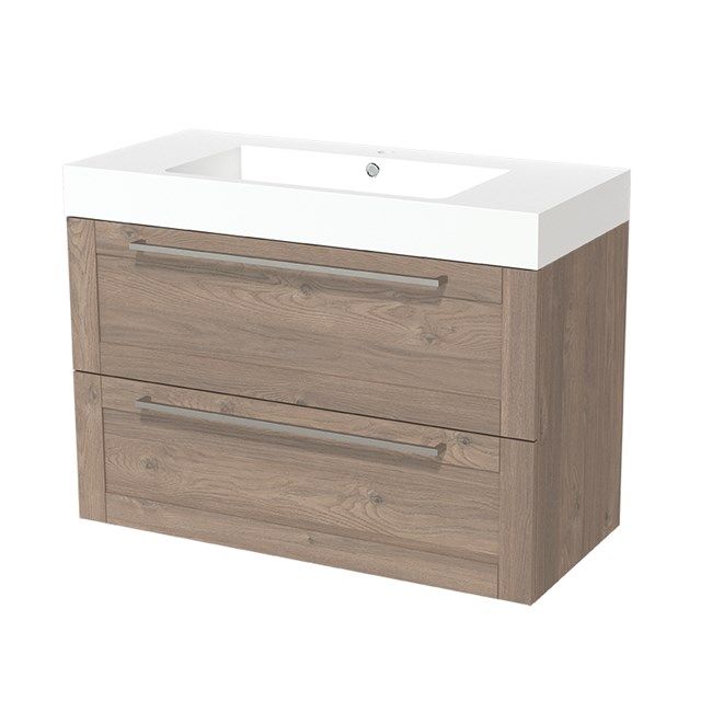 Maxaro Badkamermeubel 100cm Modulo Middenbruin Eiken 2 lades Kader Wastafel Mineraalmarmer